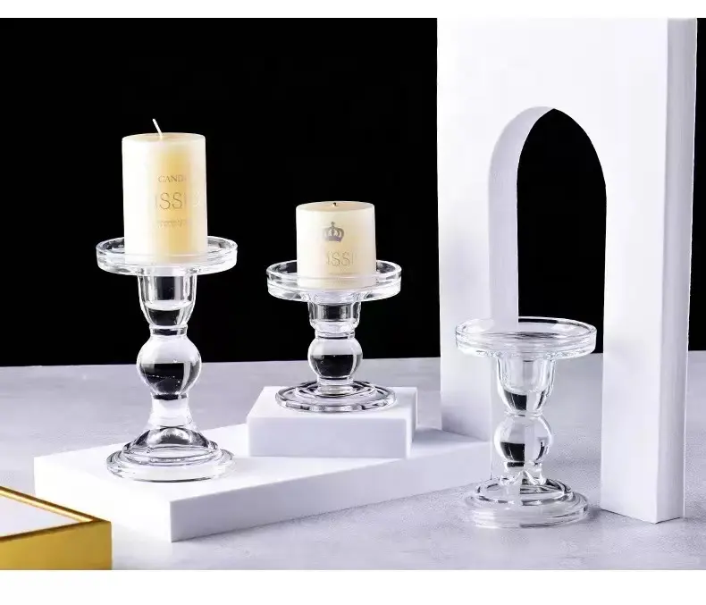 Glass Candle Holders for 3 inches Pillar Candle or 7/8 inch Taper Candle Clear Candlestick Holder for Wedding or Home Decoration