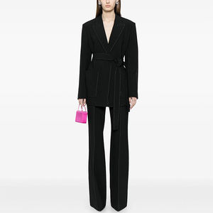 ZYHT 70160 Conjunto de Dos Piezas de Traje de <span class=keywords><strong>Blazer</strong></span> Largo Blanco y Negro de Manga Larga para Mujer, Primavera, Otoño, Invierno, con Cinturón y Adornos de Cuentas - Product Image 1