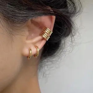 Minimalist Fashion Jewelry Ear Clip Earrings 18K Gold Plated Stainless Steel No Pierce Ear Cuff for Women