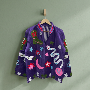 Chaqueta Bomber de Terciopelo Morado Bordada para Mujer, Diseño Celestial, Animal, Floral, Boho, con Forro de Algodón Ecológico, Manga Larga - Product Image 3