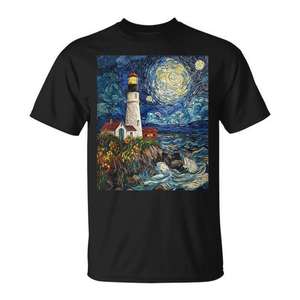 Camiseta con gráfico marino de faro estilo Van Gogh, Noche estrellada - Product Image 1