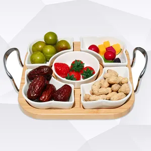 Youlike Modern Handmade Organic Bamboo Serving Tray With Mental Handle 5 Ceramic Bowls For Nuts Fruits Snack Dessert