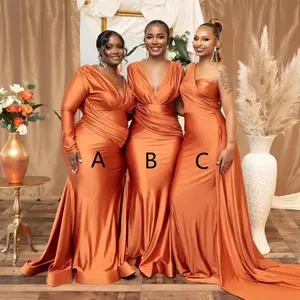 Mermaid African Orange Plus Size Girls Summer Sexy V neck Long Maid of Honor Sweep Train 2024 Bridesmaid Dresses MB397