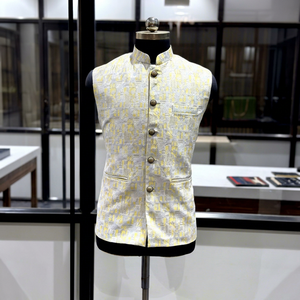 Chaleco Sherwani para Hombre, Amarillo Gris con Patrón, Ropa Tradicional India para Bodas, Corte Regular, para Todas las Temporadas - Product Image 1