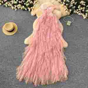 Vestido Midi Casual Sexy sin Tirantes para Mujer, sin Mangas, con Volantes, Tejido, de Malla Sólida, Línea A, para Fiesta, Lavable y Ecológico - Product Image 2