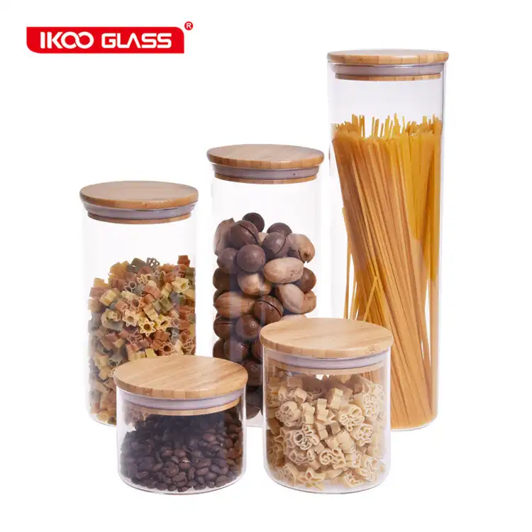 Boîte de stockage des aliments, couvercle rond en bambou hermétique, pot en verre, pâtes en verre, avec couvercle en bois