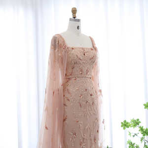 Robe de soirée plissée droite avec ceinture ornée de paillettes roses arabes, de plumes, de perles et de cristaux pour SZ381 - Product Image 5