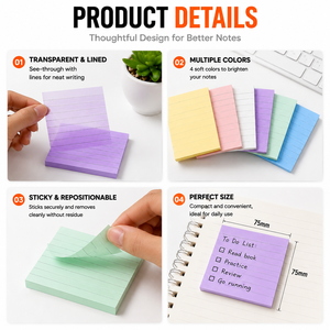 Blocs-notes autocollants transparents multicolores lignés, repositionnables, pour une écriture claire, pour la prise de notes, l'usage au bureau et à l'école - Product Image 2