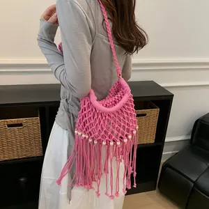 Bolso de Hombro Cruzado Bohemio Vintage 2026 <span class=keywords><strong>para</strong></span> Mujer, Tejido con Flecos, Diseño Calado, Borlas Hechas <span class=keywords><strong>a</strong></span> Mano, Cierre de Cordón, Ideal <span class=keywords><strong>para</strong></span> Playa - Product Image 2
