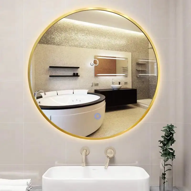 Specchio per il trucco illuminato a led rotondo intelligente di lusso da bagno impermeabile di vendita calda con touch screen