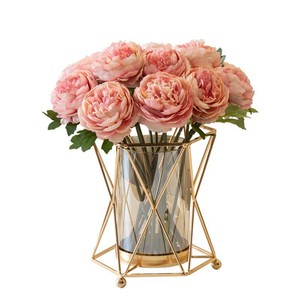 Bouquet de fleurs artificielles en soie, pivoines roses, ensemble de vase pour la décoration de table de salon - Product Image 5