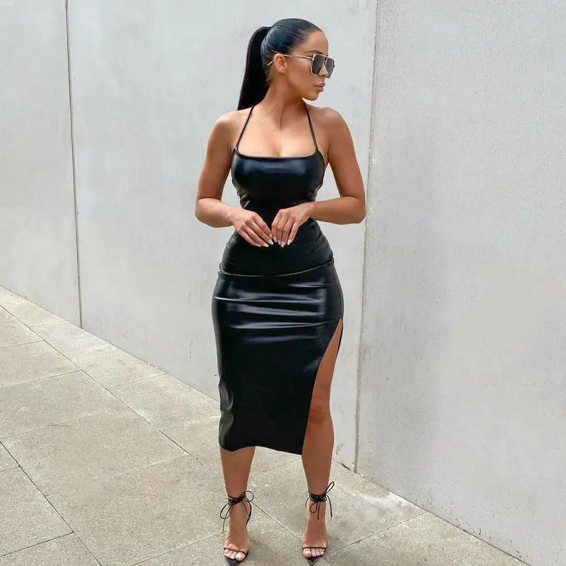 2022 Halter Black Backless Lace-Up e Slit PU Leather Dress Women Sexy Clothing Club Dresses