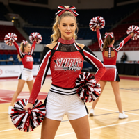Tenue de Cheerleading Rétro Années 2000 Rouge et Noir à Manches Longues avec Strass et Col en Maille pour Compétition Scolaire, Service OEM