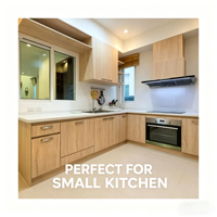 Meuble de cuisine moderne, durable et écologique en bois ignifuge avec évier en verre, base en panneau mélaminé et crédence en contreplaqué pour appartement