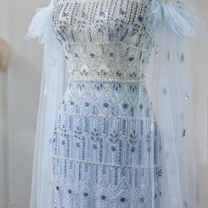 Klassieke Baby Blauwe Lange Mouw Zeemeermin Avond <span class=keywords><strong>Prom</strong></span> Jurken Jancember SZ096-1 - Product Image 5