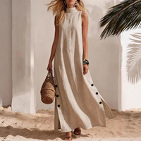 Nouvelle Arrivée 2026 QIQI Robe Décontractée Femme Style Vacances Bord de Mer Européen et Américain Couleur Unie Coton Lin Anti-Plis Col Rond