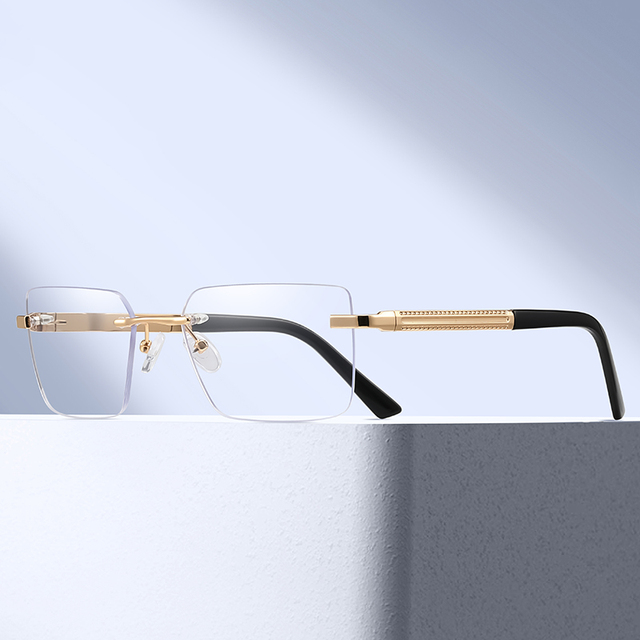 MS 91763 Men's Rimless Metal Eyeglasses Precision Polished Frame Sleek Minimalist Temple Versatile Daily Eyewear