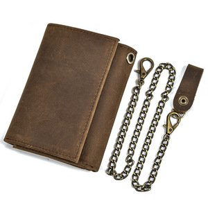 Portefeuille en cuir véritable Crazy Horse avec chaîne, porte-cartes fin à trois volets pour homme, pochette à monnaie, style vintage, vente en gros - Product Image 5