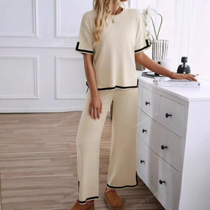 מכנסיים רחבים סרוגים עם שרוולים ארוכים, בגזרה גבוהה, בצבעים אלגנטיים מנוגדים, בסגנון קז'ואל אופנתי, נגד קמטים, סתיו 2023 - Product Image 4