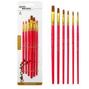 6PCS Nylon escova acrílica com alça de madeira vermelha pode ser personalizado para artistas comumente usados artistas pincel de cabeça chata