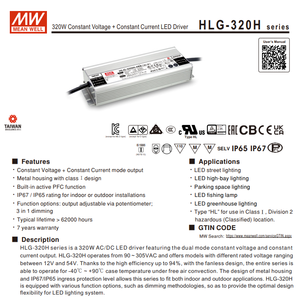 MEAN WELL HLG-320H-12 264W <b>12V</b> 22A CV‑CC <b>LED</b> <b>Driver</b> AC90‑305Vac IP65‑IP67 Waterproof Adjustable Power Supply - Product Image 2