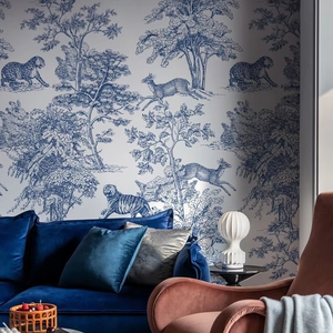 Papel Tapiz Personalizado Azul Marino Vintage con Diseño de Animales de la Selva, Tigre, Ciervo, Leopardo y Árbol para Decoración de Interiores de Casa, Villa u Hotel - Product Image 1