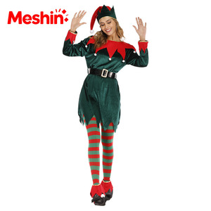 Womens Christmas <b>Elf</b> <b>Costume</b> Green Velvet Outfit With Striped Tights Holiday Party Carnival Role Play Festive <b>for</b> <b>Adult</b> - Product Image 4