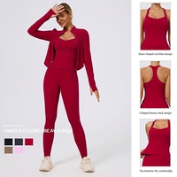Ensemble de yoga 3 pièces uni pour femme en Spandex/Nylon, débardeur dos nageur à encolure cœur, leggings taille haute et veste à manches longues ouverte sur le devant