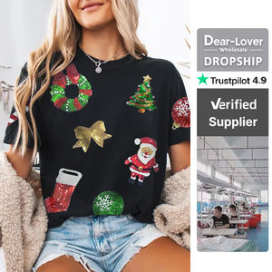 Dear-Lover T-Shirt da <span class=keywords><strong>Donna</strong></span> all'Ingrosso, Nera Casual a Maniche Corte con Paillettes e Grafica <span class=keywords><strong>Natalizia</strong></span>, Girocollo - Product Image 1