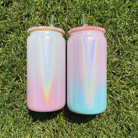 Entrepôt aux États-Unis 16 oz Iridescent Shimmer Rainbow Glitter Bière Can Blank Sublimation Tumbler Cup Mug avec couvercles en plastique