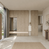 Meuble à chaussures de luxe sur mesure pour entrée, armoire de hall moderne en chêne organique avec banc intégré pour villa et maison personnalisée