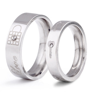 Titanium Steel <b>Couple</b> <b>Rings</b> 6.4MM Diamond Inlay Key Lock Design Wedding Jewelry Unisex - Product Image 1