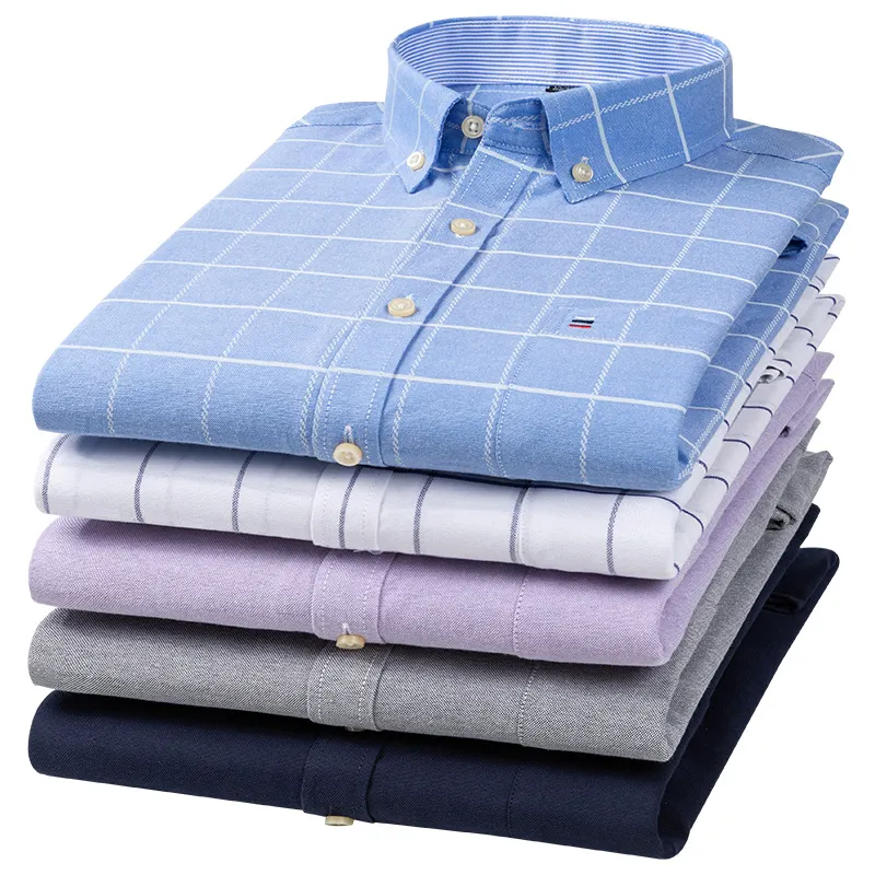 2023 Oxford Men Fashion 100% Cotton Thin Long Sleeve Casual Slim Solid Color Plaid Print Stripe Formal Dress Shirt Plus 7XL 6XL