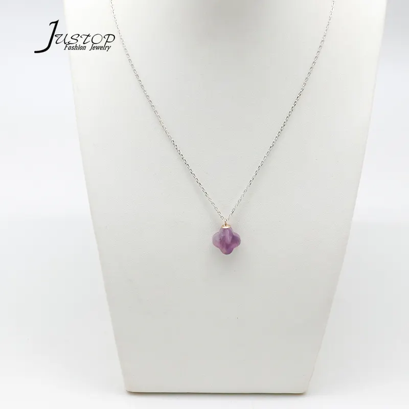 Amethyst Crystal Natural Purple Stone Pendant 925 Sterling Silver Necklace