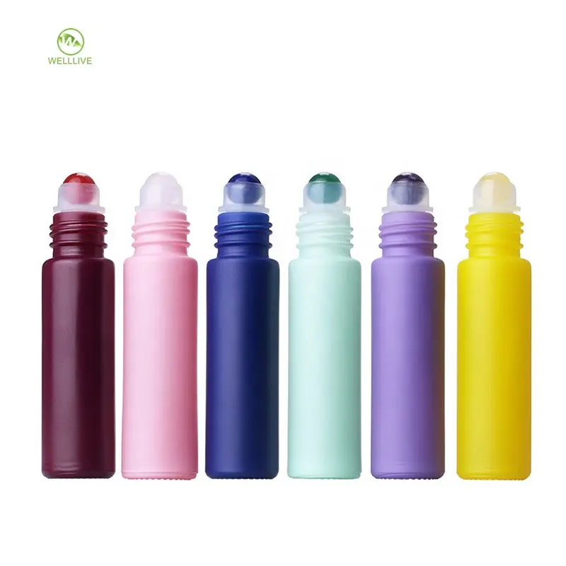 Botella roll on de gemas de cristal para perfume, tapa de aluminio, 10ml, rojo, rosa, azul, verde, morado, amarillo, macaron, aceite esencial