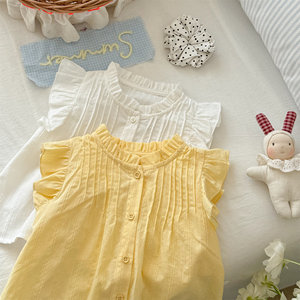 Girls' Summer Cotton Pleated Top With Ruffle Sleeve Solid Color Children's Blouse For Kids - Product Image 1