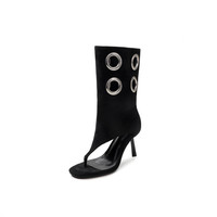 Sandales à talons hauts pour femmes, bottines en daim kaki à détails œillet, tongs à bout ouvert à talon aiguille pour femmes