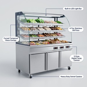 Vitrine réfrigérée <span class=keywords><strong>à</strong></span> double température 1,8 m avec rideau de refroidissement pour brochettes, restaurant de fondue et bar alimentaire - Product Image 1