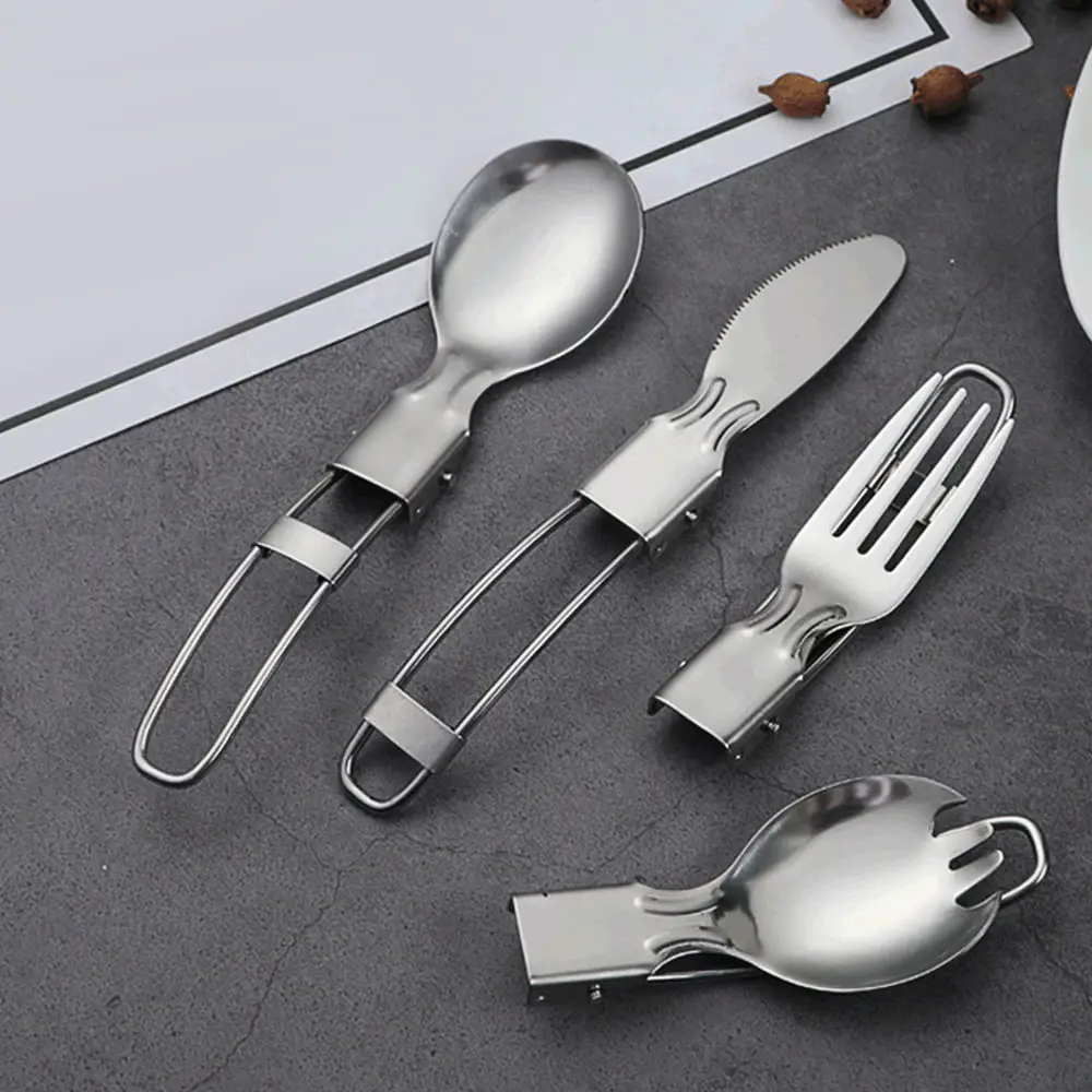 4-Piece Set Foldable Knife Fork Spoon Portable Outdoor Supplies Camping Picnic Travel Cutlery Stainless Steel Set