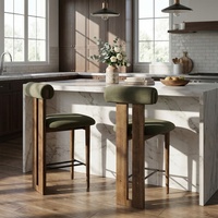 Tabourets de bar modernes en velours vert, dossier fendu, en bois massif, style Japandi du milieu du siècle, pour îlot de cuisine, lot de 2, noyer foncé
