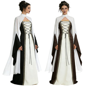 Robe de Cour Médiévale avec Cape, Couleur Contrastante, Taille Empire, Col Montant, en Mousseline, Longue, pour Fête d'Halloween et Jeu de Rôle - Product Image 2