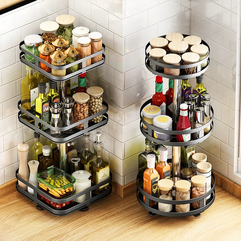 Hot Selling 3 Tier Rotating Spice Rack Height-Adjustable Spice Shelf 360 Degree Round Rotatable Seasoning Organizer Kitchen