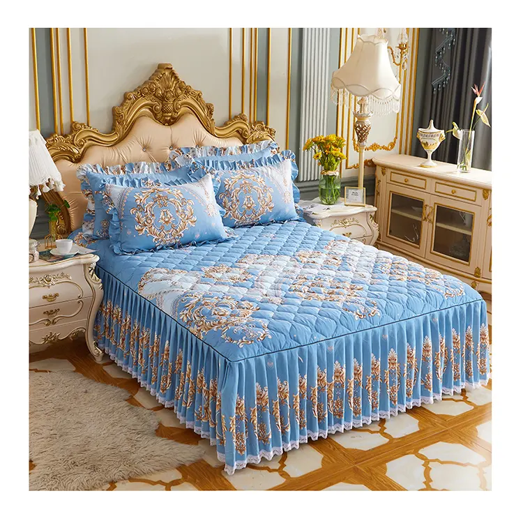 Vente en gros 3 pièces imprimé reine roi polyester coton jupe plissée matelassé luxe ensembles de literie drap de lit