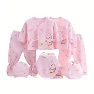 7pcs Newborn Outfits Gifts Cute Graphic Baby Boys Girls Cotton Comfy Clothes Set Footed Pants Cardigan Top Trousers Hat Bib Set