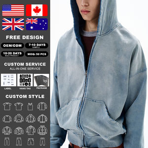 KingSen OEM Sweat à capuche zippé pour homme, hiver, délavé à l'acide, brodé, effet vieilli, en molleton bouclette 100% coton, coupe ample, respirant - Product Image 2