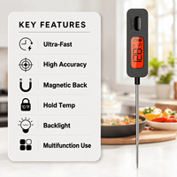 Termometer Daging Presisi Tinggi Bacaan Instan dengan Lampu Latar Belakang Magnetik Baja Tahan Karat 304 untuk BBQ, Memanggang, Oven, Smoker, Memasak di Dapur