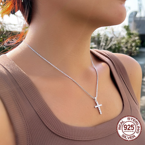 Nuovi Arrivi <span class=keywords><strong>Collana</strong></span> Brillante con Ciondolo a Croce in Argento Sterling S925 con Zirconi Cubici Scintillanti Catena a Clavicola e Doppia Catena - Product Image 3