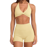 Ensemble de sport 2 pièces pour femme : Soutien-gorge de sport torsadé à col en V et short cycliste taille haute en V - Séchage rapide, respirant, tenue active