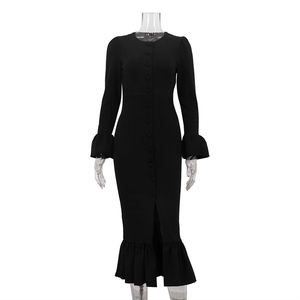 2025 <span class=keywords><strong>in</strong></span> <span class=keywords><strong>maglia</strong></span> tinta unita Button-Up con volant <span class=keywords><strong>svasato</strong></span> ufficio autunno abito nero donna abiti lunghi donna - Product Image 4