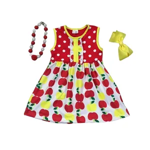 New design high quality country girl dresses short sleeve 100%cotton apple pattern girls clothes kids clothing